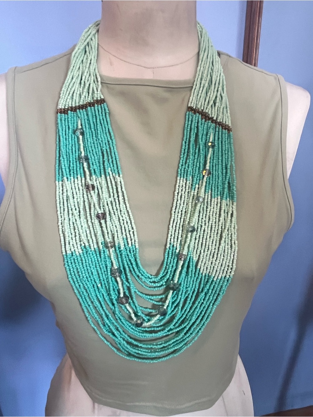 Multi Strand Aqua Acrylic Seed Bead Necklace